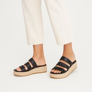 Eileen Fisher Espadrille Sandals “Mayla” Black Tumbled Leather Platform Size 7